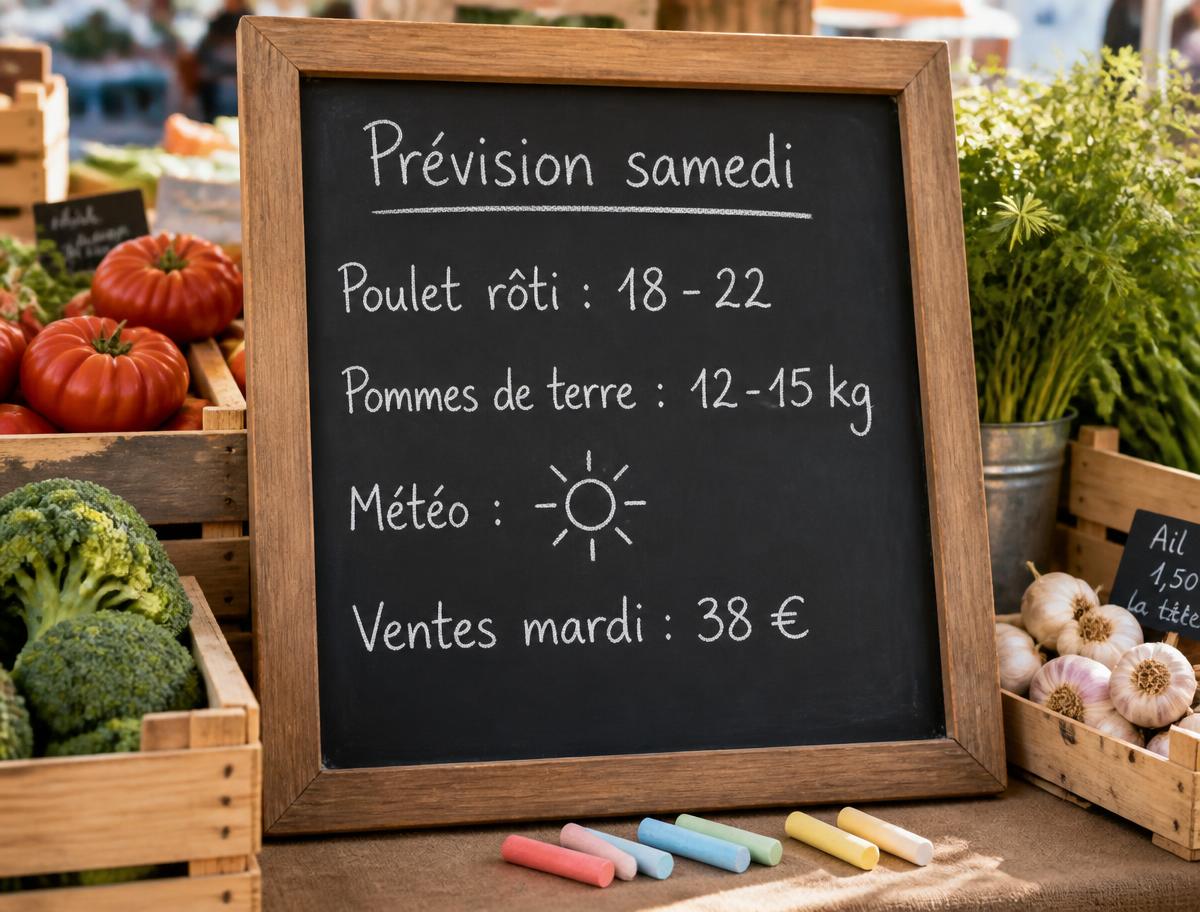 Ardoise de marché posée près d'un cageot de légumes frais