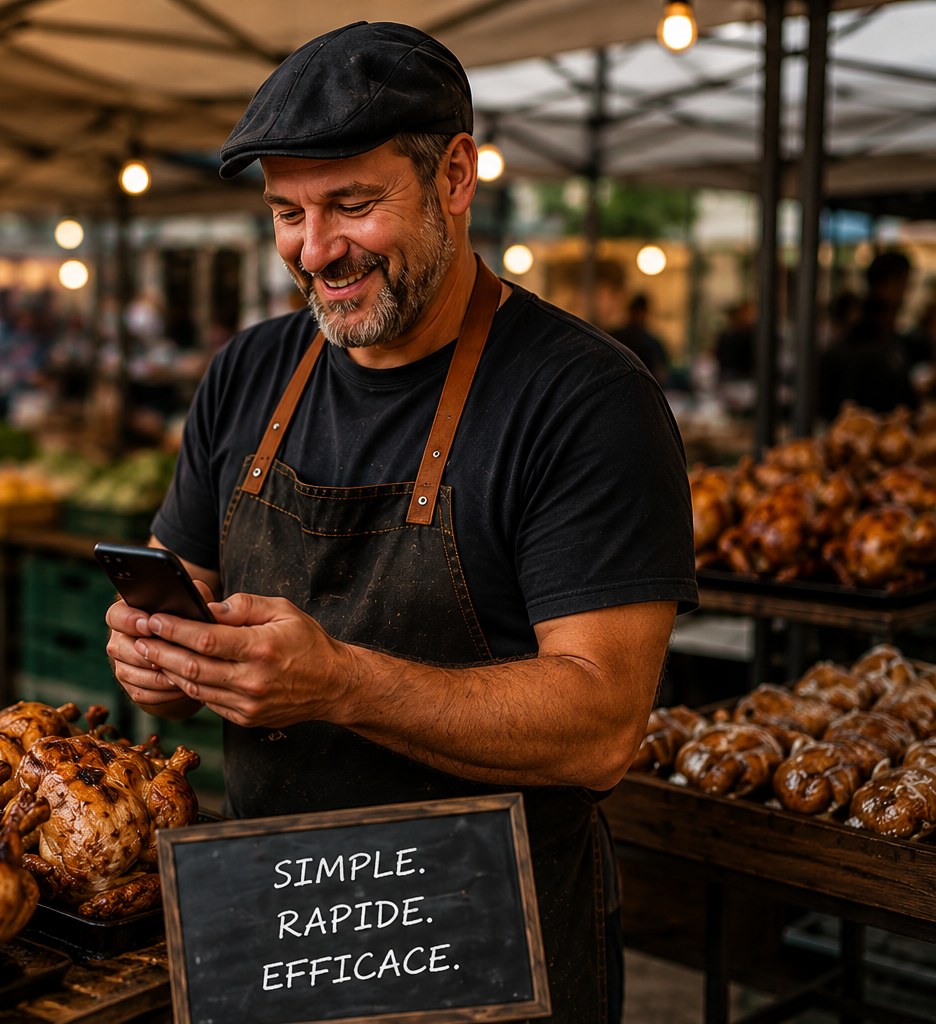 Un commerçant de marché consulte MarchéFlow sur son téléphone