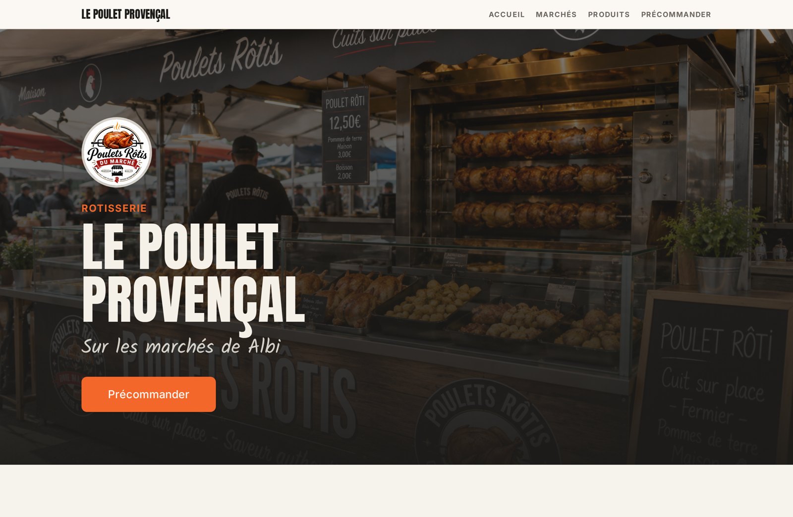 Aperçu de la page publique d'un rôtisseur créée avec MarchéFlow, sur ordinateur